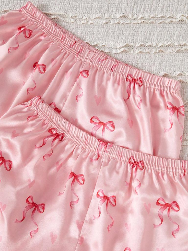 Satin-Pyjama-Set für Mädchen, 4-teilig, mit Schleifenmuster, Nachtwäsche, Bademantel, Cami-Top, Shorts, Hose, 8-12 Jahre, Kinder, Weiches Nachthemd-Set für Schlafzimmer, Geburtstagsgeschenk