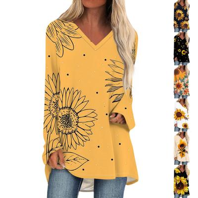 Camiseta feminina de manga comprida com decote em V e estampa casual longa e solta, outono e inverno
