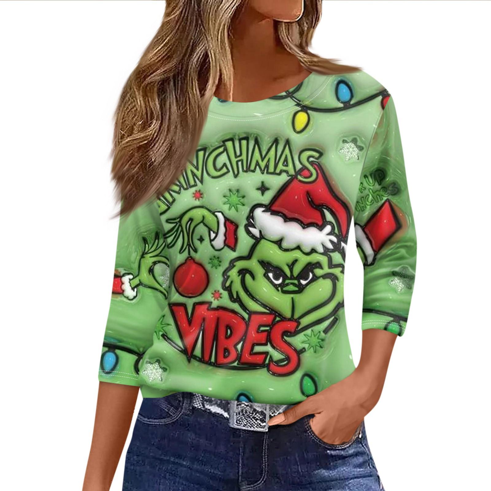 

Women s Fashionable Casual Three Quarter Sleeve Christmas Printed Round Neck Top L