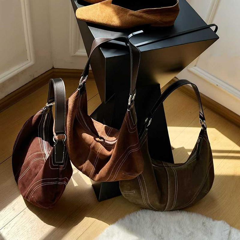 Luxury Women Suede Leather Hobo Shoulder Bag Vintage Half Moon Handbag Cross Body Daily Casual Underarm Purse Genuine Cowhide