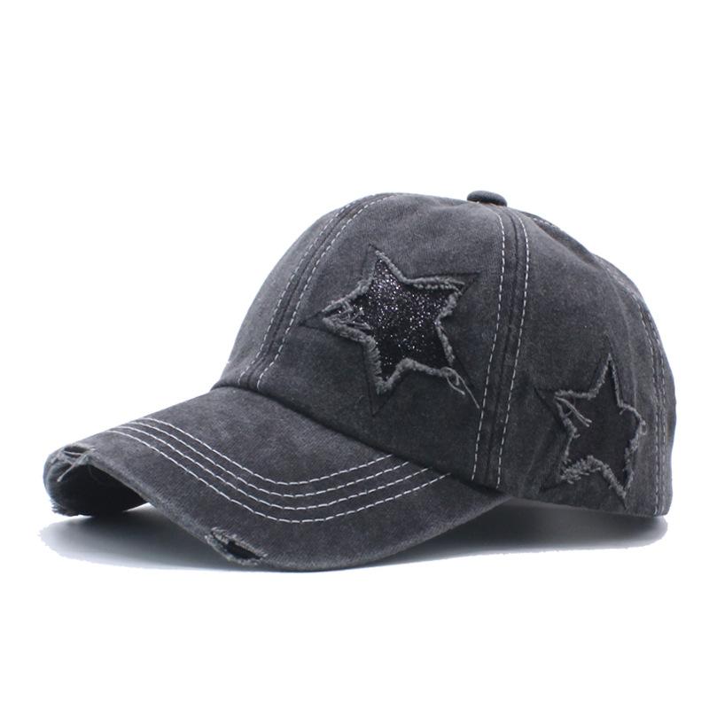 European and American Tide Pure Cotton Washed Ponytail Hole Five Pointed Star Baseball Cap Fashion Ponytail Hole Curved Brim Cap