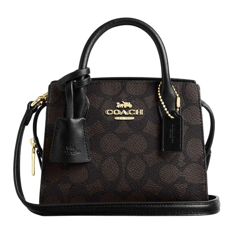 

COACH Andrea 16 Zip closure branded logo coated canvas shoulder crossbody tote mini women s walnut and black чорний