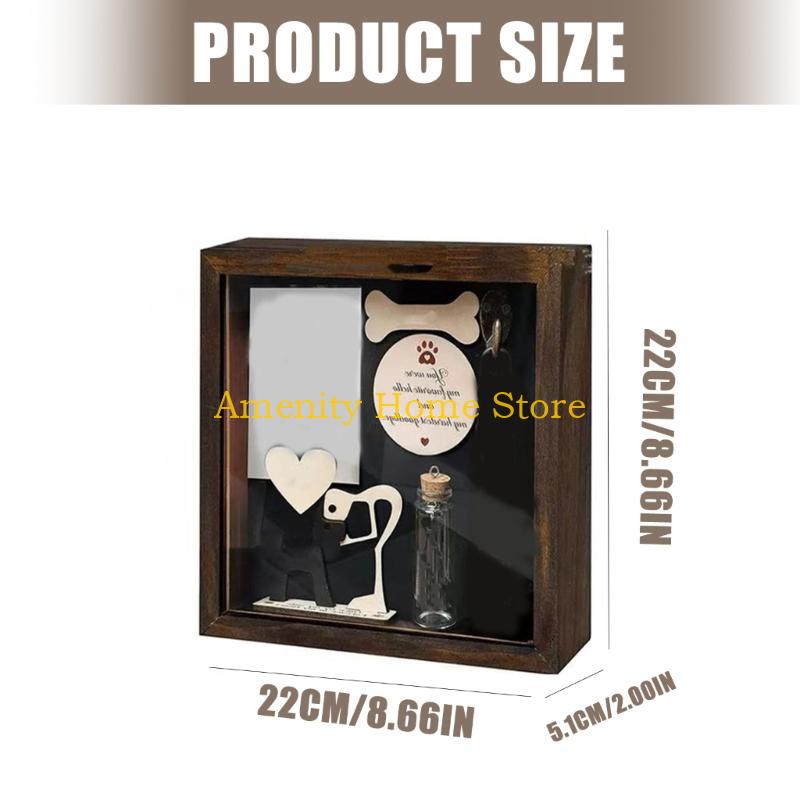 F26C Pet Memorial Shadows box with Dog Wooden Sculpture,Tages & Collar Display Keepsakes Box Wooden Pet Picture Frame Gift
