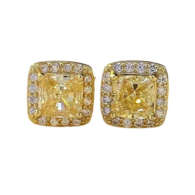 Zhuo Zhifan 2023 S925 Silver Yellow Diamond Square Stud Earrings for Women - Radiant, Versatile, and Perfect for Daily Wear.
