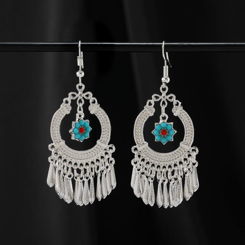 Retro Handmade Miao Silver Fringed Earrings Inlaid Turquoise Long Earrings Female Exotic Yunnan Dance Earrings
