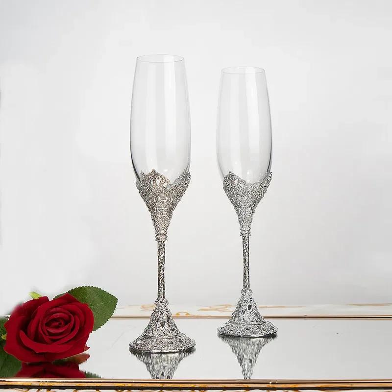 2 pezzi Flute da champagne in cristallo argentato Bicchieri da sposa per sposa Sposo Coppe da brindisi in oro rosa Set regalo per coppie Fidanzamento