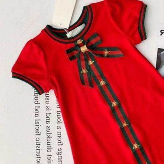 Letní dívčí bavlněné princeznovské šaty v korejském stylu s mašlí, s krátkým rukávem