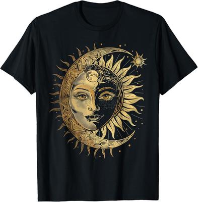 Mystic Sun And Moon Face Graphic Tee Breathable Cotton T-Shirt Casual Round Neck Tops for Men