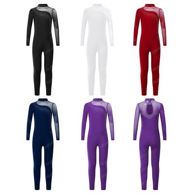 Combinaison à manches longues et strass pour enfants et filles, combinaison intégrale, justaucorps pour danse de ballet, gymnastique