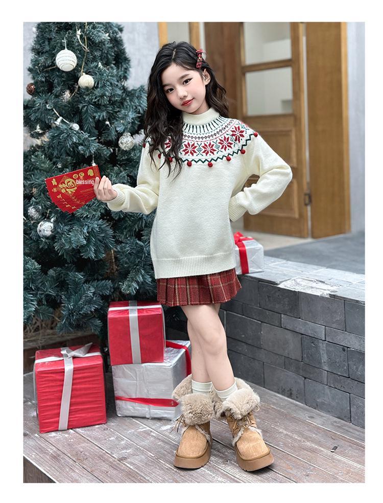 Girls' Retro Jacquard Knit Sweater - Round Neck, Long Sleeves, Autumn/Winter 2025 Collection