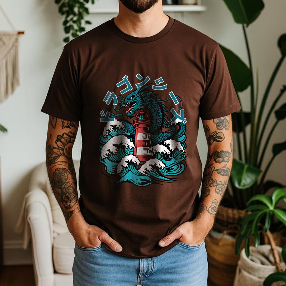 2026 Summer Unisexs Japanese Dragon Lighthouse Graphic Oversize Tee 100 Cotton UkiyoE Short Sleeve