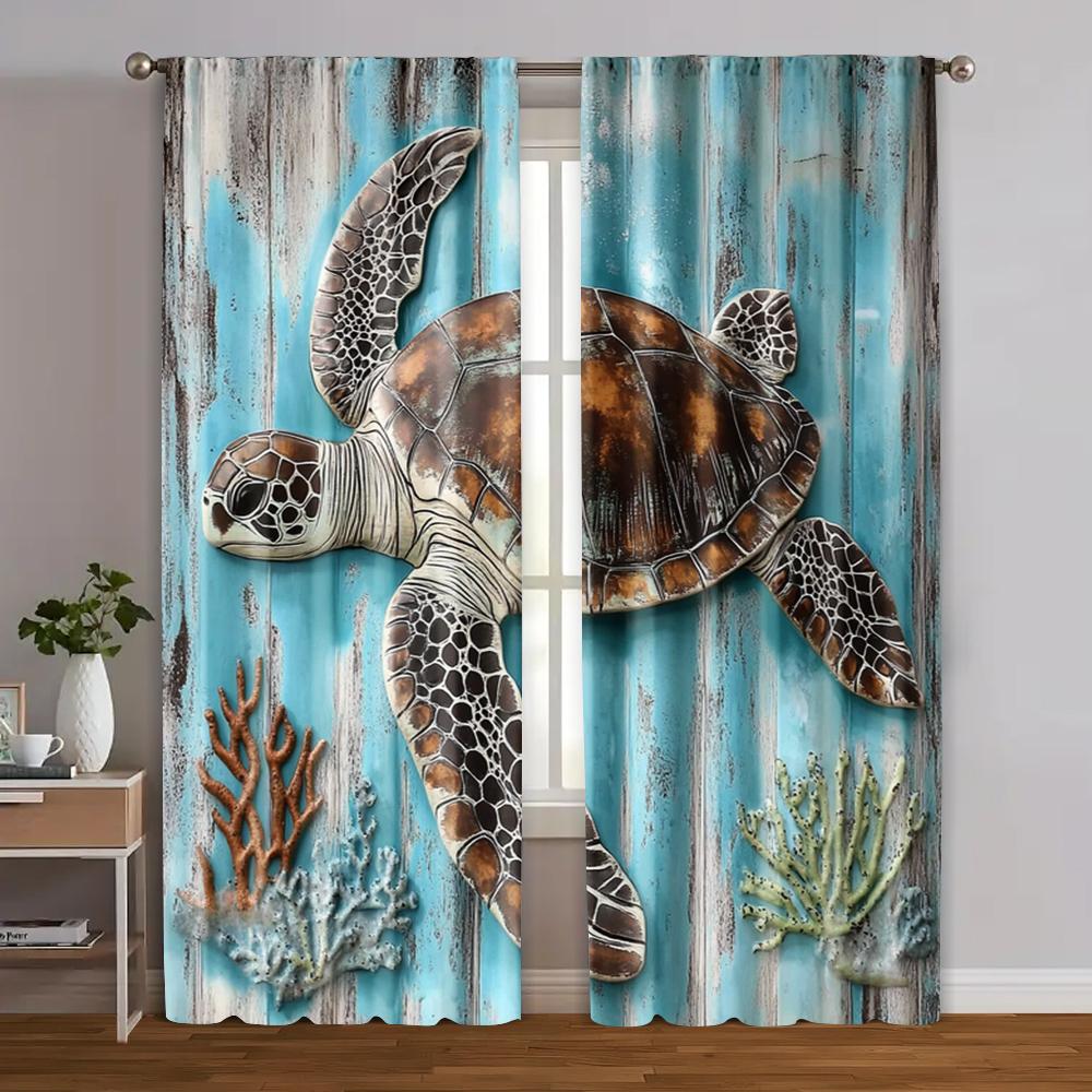 

2pcs, Print Curtains 2D print Vintage Marine Life Curtains - Watercolor Turtle Polyester (without rod) All Seasons for Bedroom, 29x65in(75x166cm)