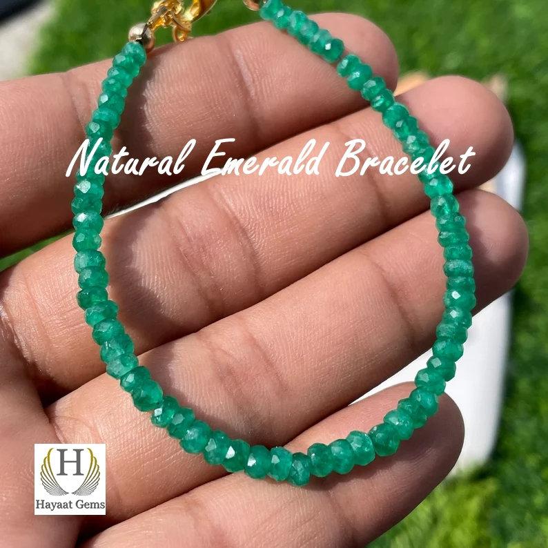 Dainty Zambian Emerald Beaded Bracelet: Sterling Silver, Faceted Gemstone