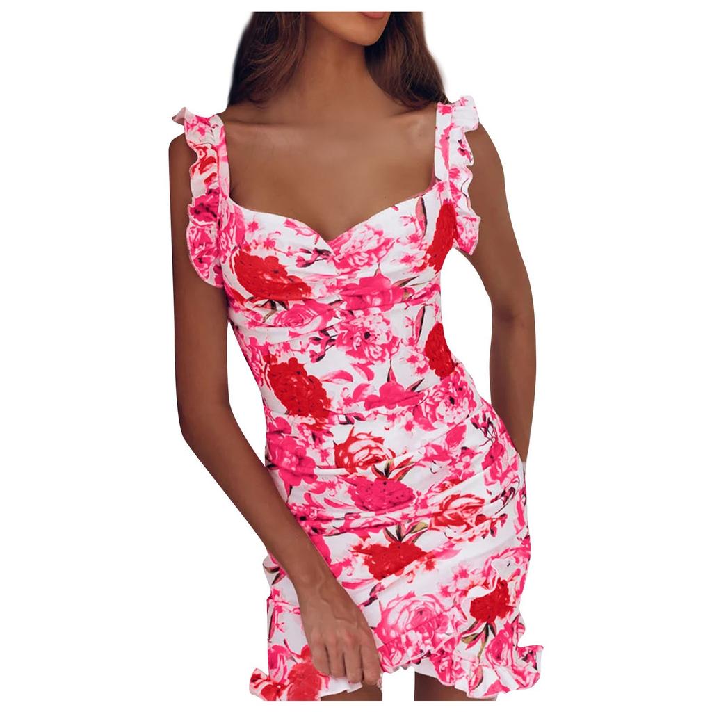 Ladies Summer Ruffle Sleeveless V Neck Hip Floral Dress