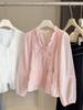 Spring and Summer Thin Fungus Edge V-neck Strap-on Shirt Women's French Loose Lantern Sleeve Inner Top Shirt