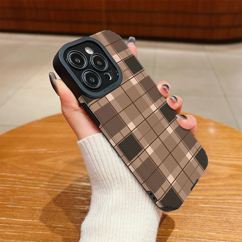 Vertical Grain Leather Shell Fashion Grid Printed Cover Patterned Soft Silicone Case with Camera Lens Full Protection for iPhone