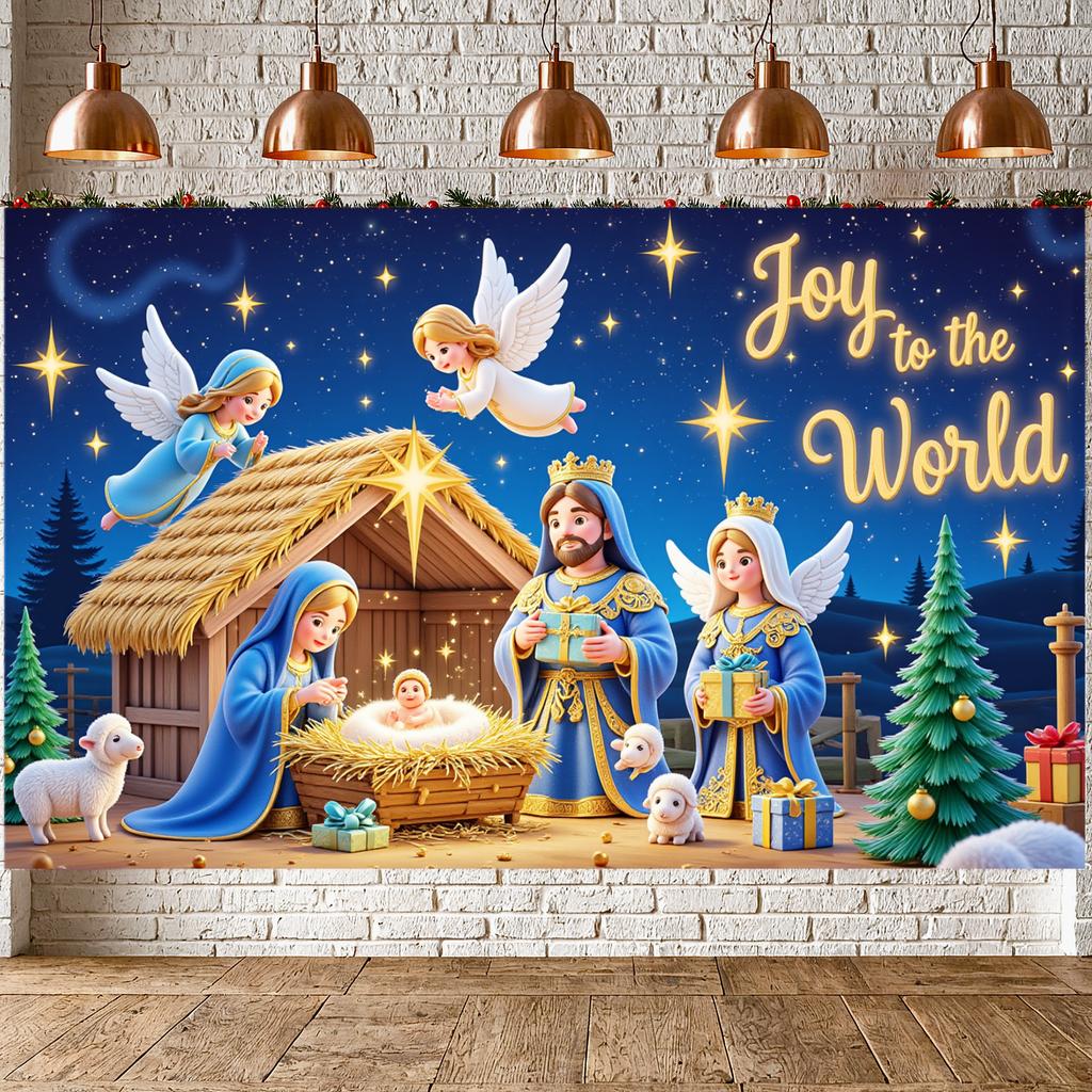 Angel Banner Decorative Art Joy To The World Nativity Scene Banner Festive Colors Christmas Scene For Home Decor Indoor