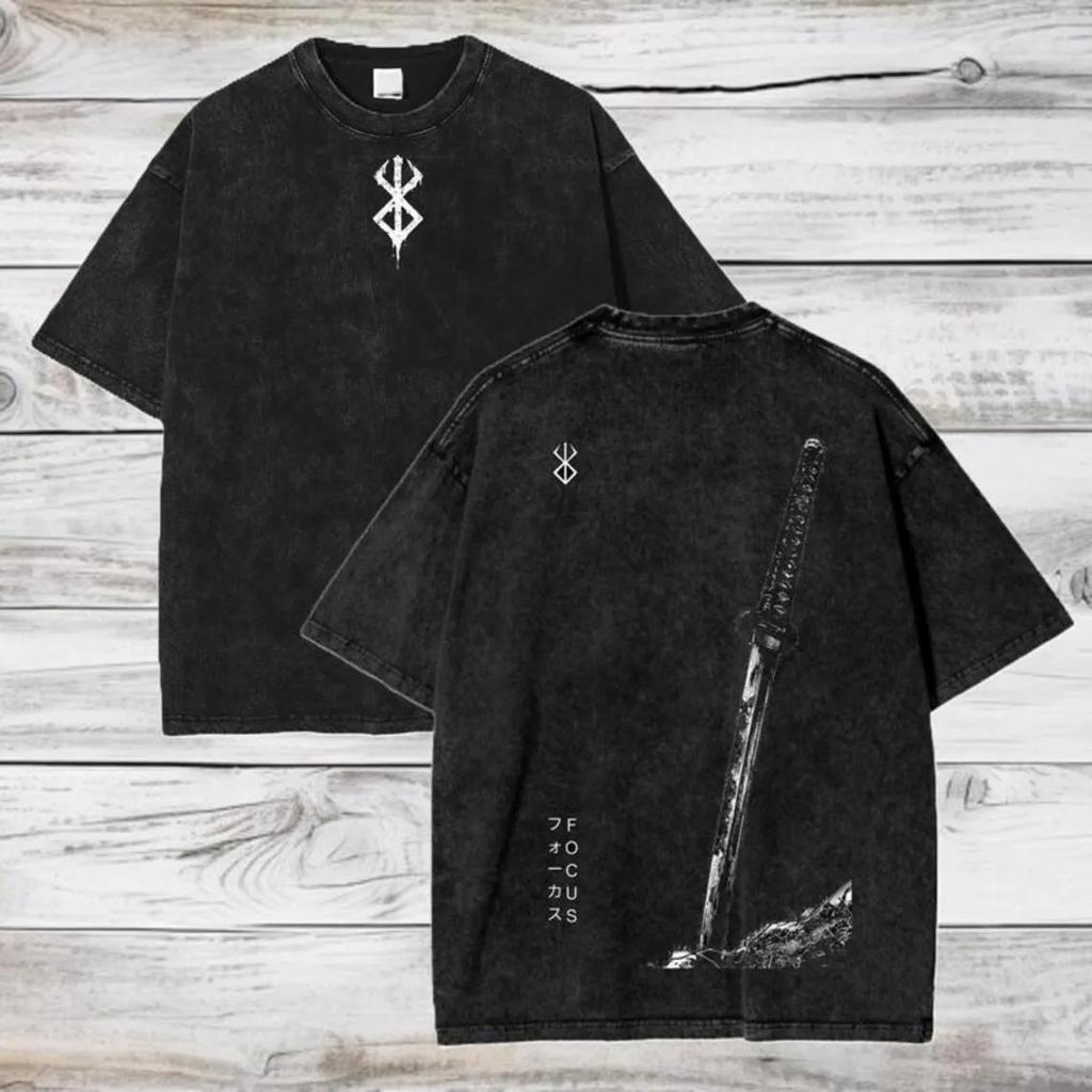 Berserk Brand of Sacrifice & Katana Vintage Washed Double-Sided Anime T-Shirt, Unisex Dark Fantasy Manga Fan Streetwear Tee, 100% Cotton Casual Short