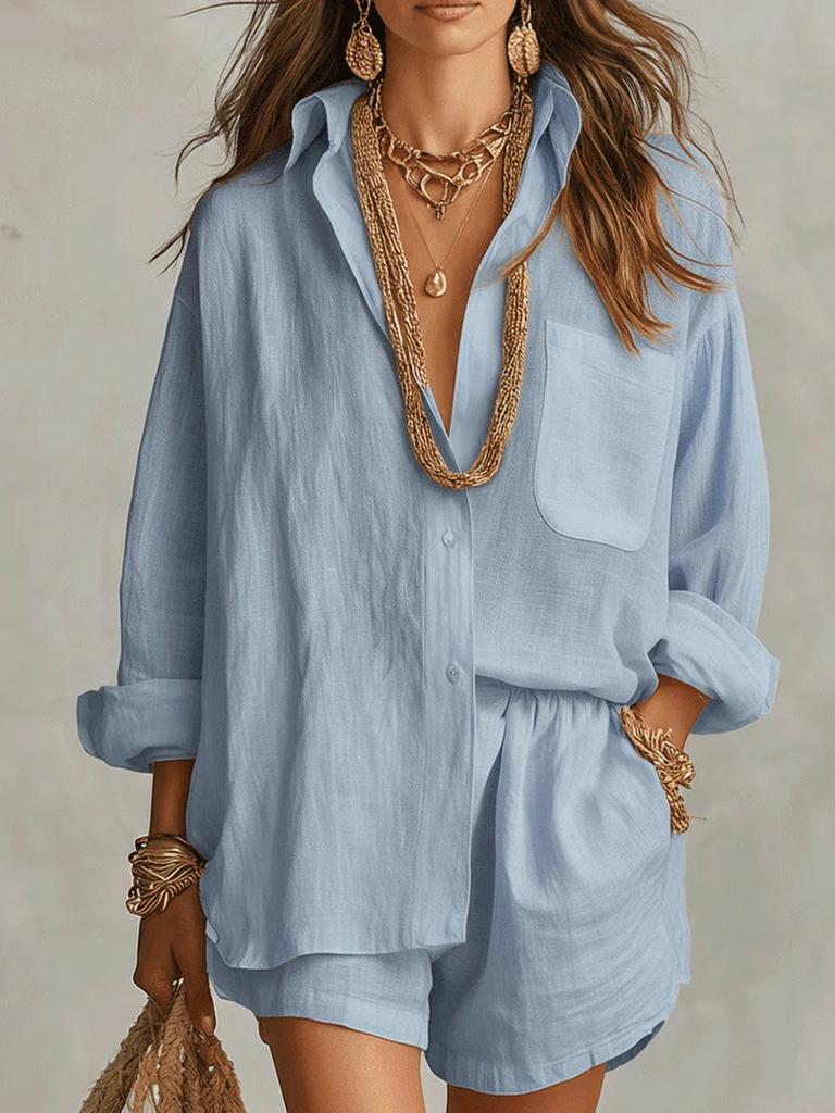 Summer New Lazy Style Shirt Set Fashion Solid Color Shorts Two Piece Set Women