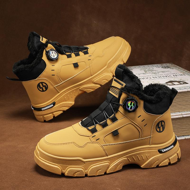 Men's High Top Platform Boots Winter Outdoor Cold Protection Warm Cotton Boots Fashion Rotating Button Mens Versatile Work Boots