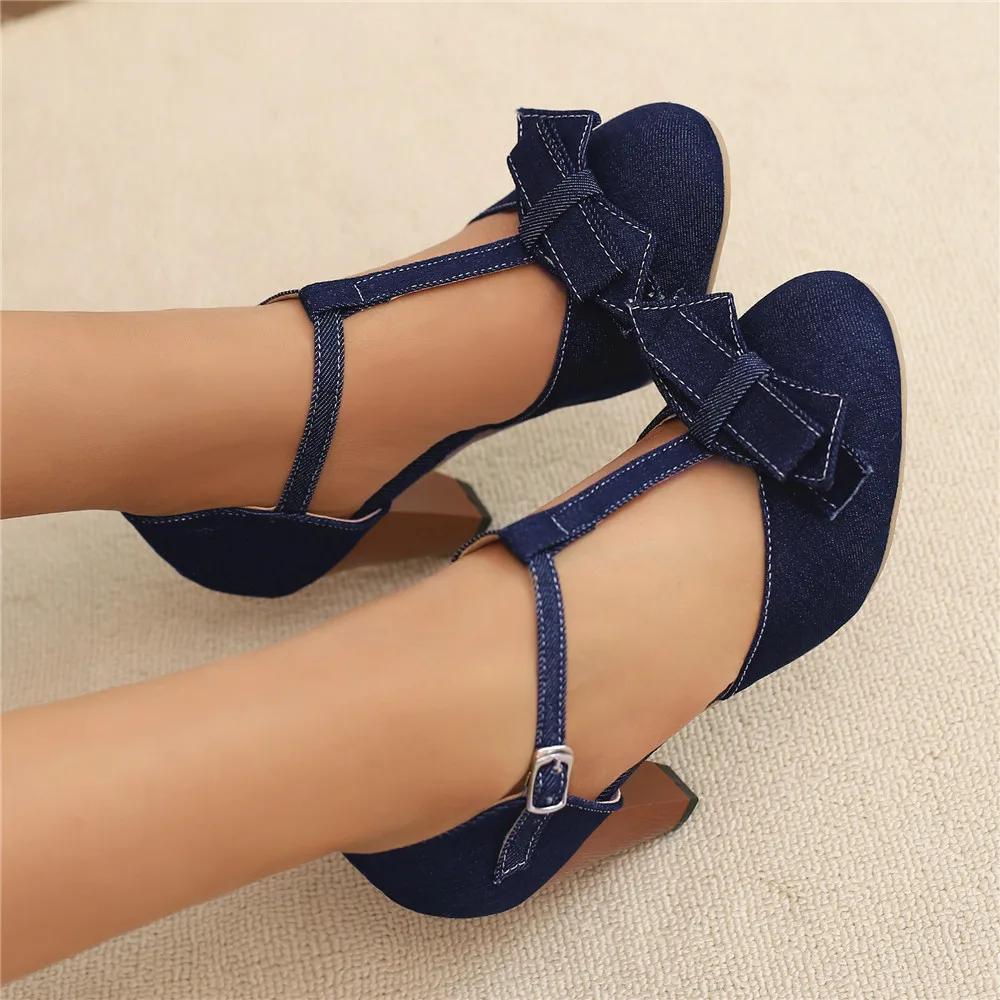 Fashion 2025 Spring Summer Girls High Heel Shoes Denim Women's Pumps T-Buckle Fashion Spike Heels High Heels for Office Party Banquet