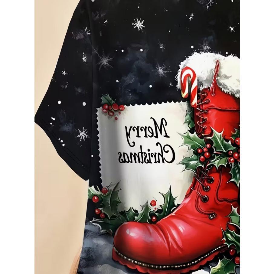 XL-7XL Dam Casual Jul 3D-tryck Lös Rund Hals Kortärmad T-shirt Topp