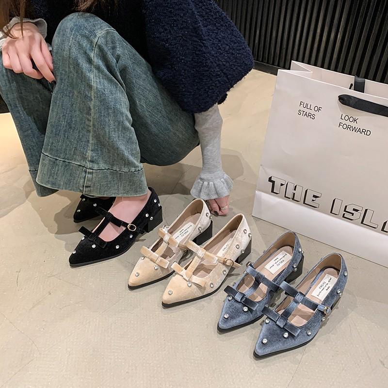 Rivet Designer High Heels Women Pointed Toe Elegant Office Women Shoes Spring Autumn Fashion Suede Low Heel Mules Pumps Women