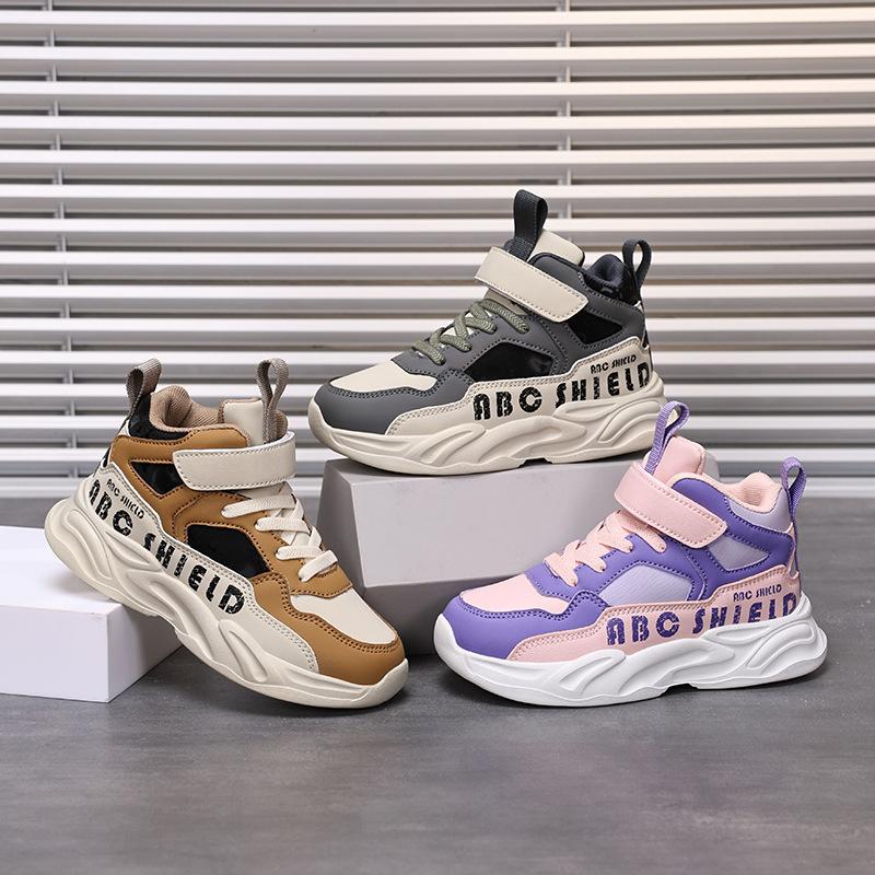 Children's autumn and winter school high-top sports shoes 2025 boys' velvet thermal shoes medium and older children's girls' outdoor sports shoes