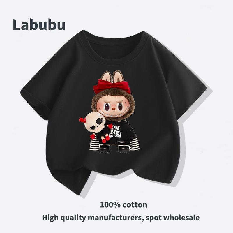 

Футболка сімейна Labubu Cool Style - Бавовняна футболка з коротким рукавом Дихаюча Модна Проста Вишукана Універсальна Мультяшний принт 140cm чорний