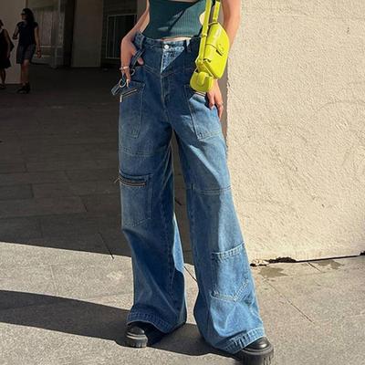 Pockets Zipper Distressed Loose Wide Leg Jeans for Women Fashion Vintage Blue Straight Denim Pants Women High Waist Casual Trousers 24356