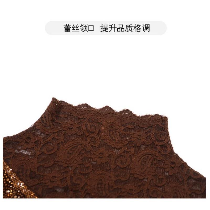 Women's Elegant Half Turtleneck Lace Top Rhinestone Decor Long Sleeve Slim Fit Warm Casual Blouse