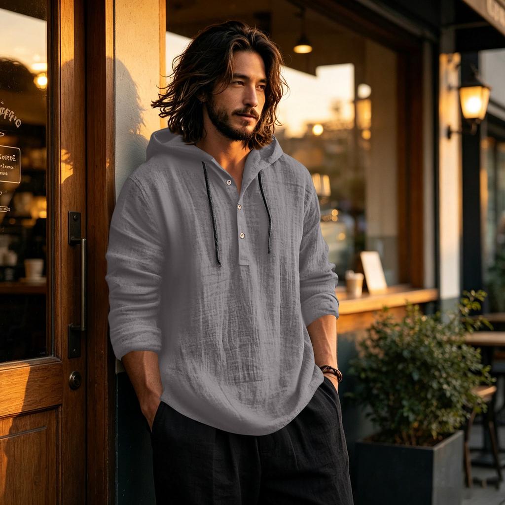 Men's Linen Cotton Hoodie Long Sleeve Casual Pullover