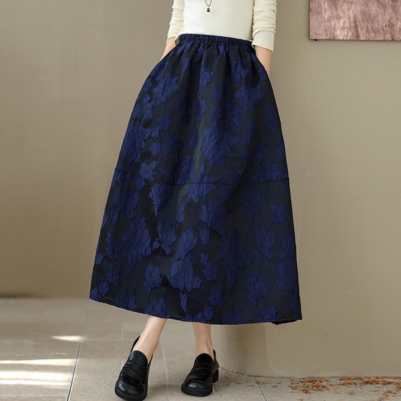 Plus Size Jacquard High Waist Vintage Floral Spring Autumn Casual Loose Long for Woman Skirts Womens Skirt