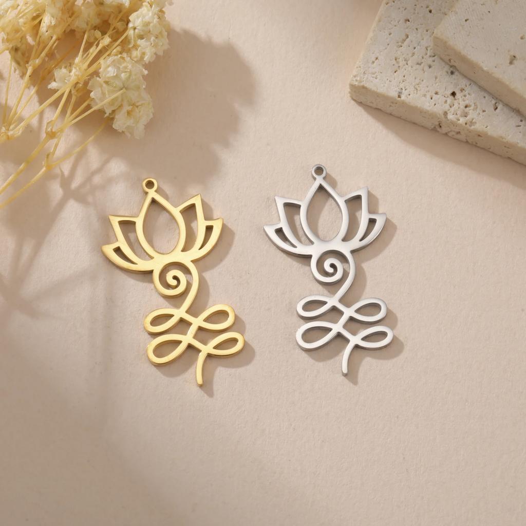 3pcs/lot Unalome Lotus Flower Necklace Earring Pendants Stainless Steel Yoga Buddhism Charms for Jewelry Making