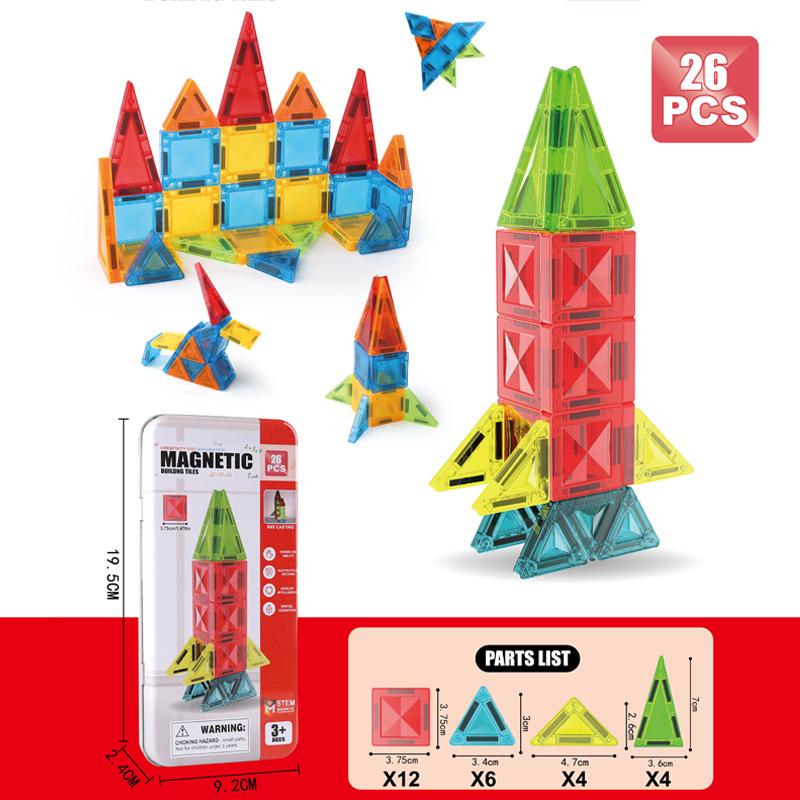 Portable Children's Magnetic Tile Puzzle Toy – Stained Glass Magnetic Building Set in Iron Box