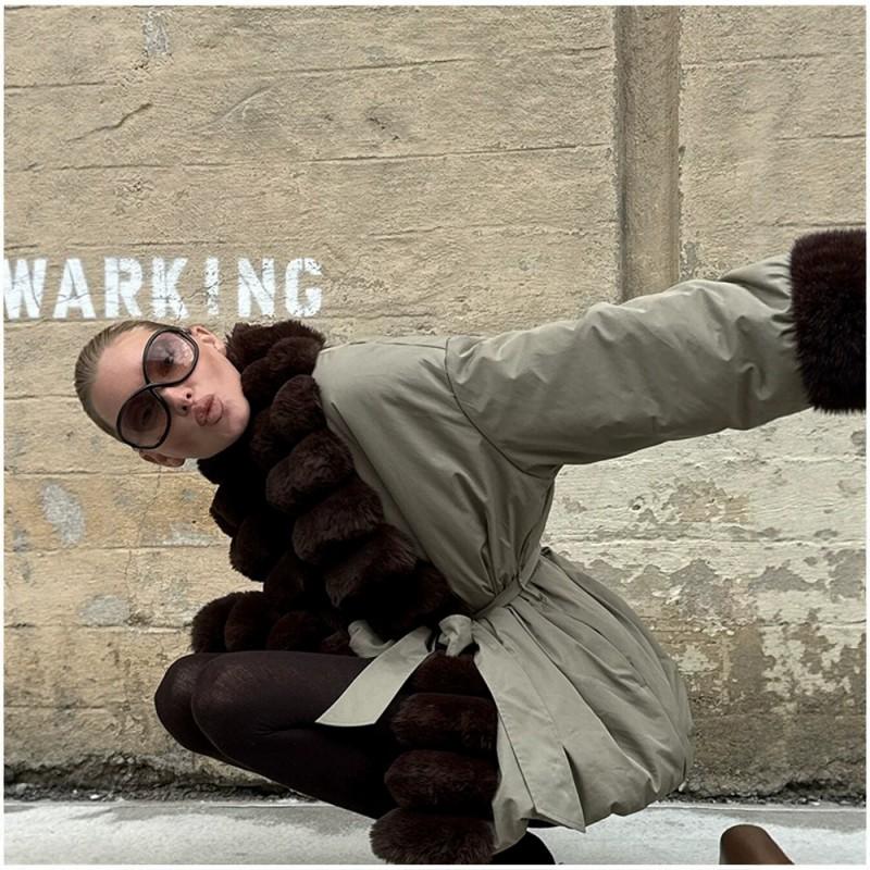 Womens Long Wool Blend Coat With Real Fox Fur Trim V-Neck Belted Outerwear Winter Fashion