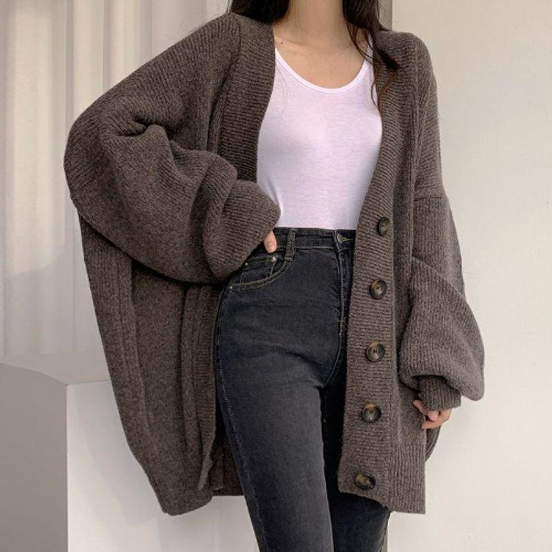 

Korean Style Hong Kong Style Elegant Casual Laid-Back Style V-neck Single Breasted Loose Lantern Sleeve Knitted Cardigan Sweater Coat for Women Brown One size