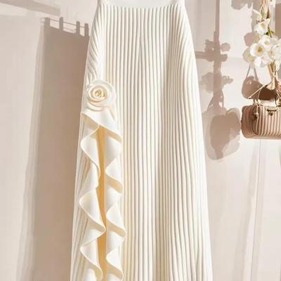 Damen Herbst/Winter High-Waist Schlankmachender Französischer Rüschen Asymmetrischer A-Linien Rock Eleganter Midirock