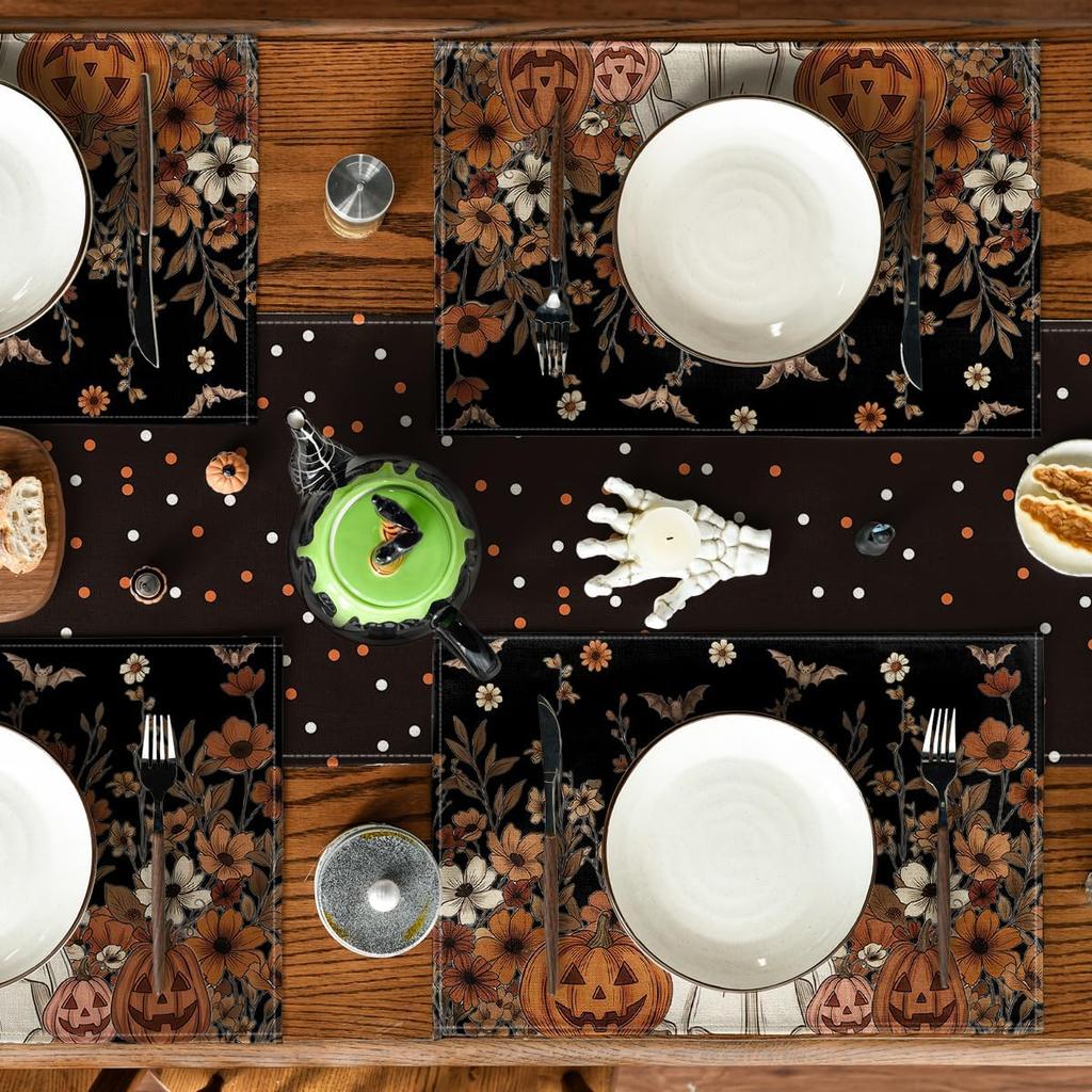 4/6pcs Ghost Jack-O'-Lantern Bat Floral Halloween Placemats, Seasonal Table Mats for Party Kitchen Dining Decoration 12X18 Inches