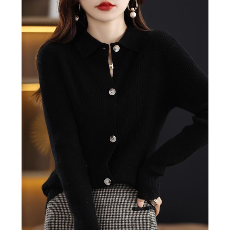 Women's Ribbed Cashmere Cardigan & Knitwear Set - Slimming Lapel Design for Autumn/Winter