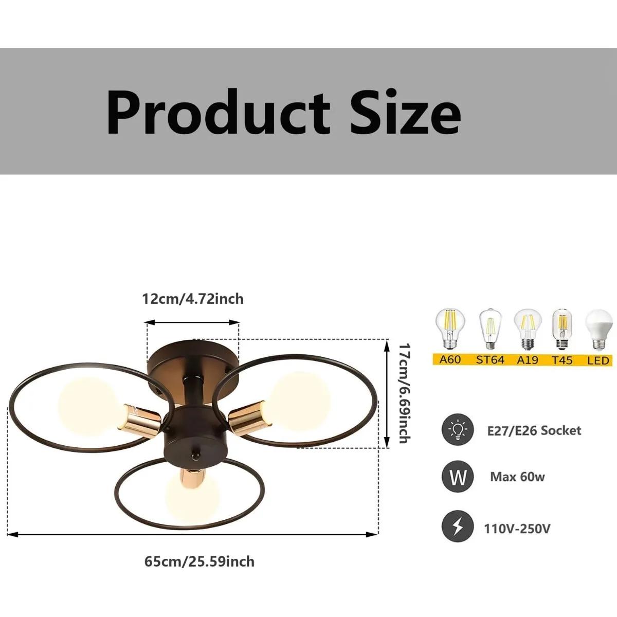 

Retro 3 Head Chandelier with 3 Gold E27 Lamp Holder Round Metal Lampshade Black-Gold Pendant Light Bedroom Kitchen Dining Table Without E27 Bulb