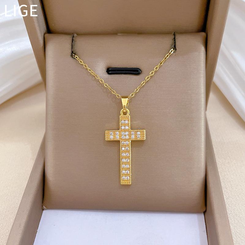 Titanium Steel, Cross Zircon Light Luxury Temperament Gorgeous Full Diamond Necklace Female Versatile Collarbone Chain Titanium Steel