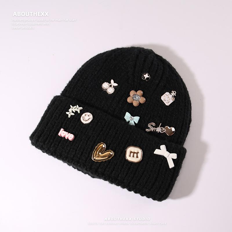 New Autumn and Winter Hat Women's Multi Button Thick Thread Knitted Woolen Hat Warm Ear Protection Bag Head Hat Pullover Cold Hat