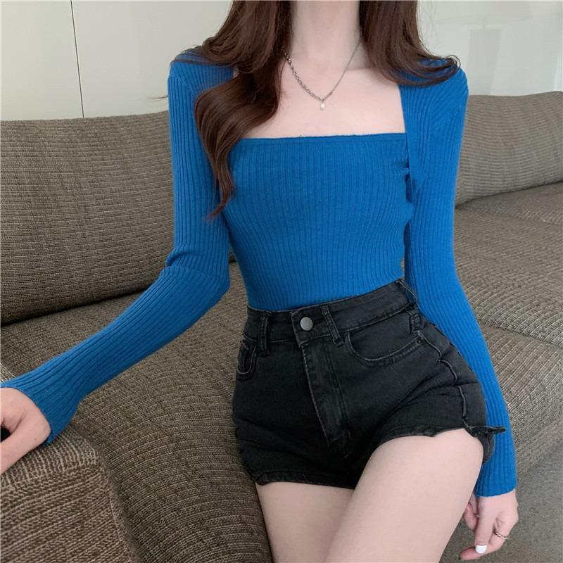 Square Collar Black Bottoming Shirt Women's Autumn Clothing New Inner Sweater Knitted Sweater Irregular Collar Slim Top Women