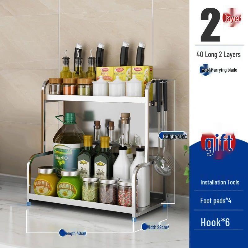 Stainless Steel Multi-layer Kitchen Rack: Spice, Knife Holder & Storage