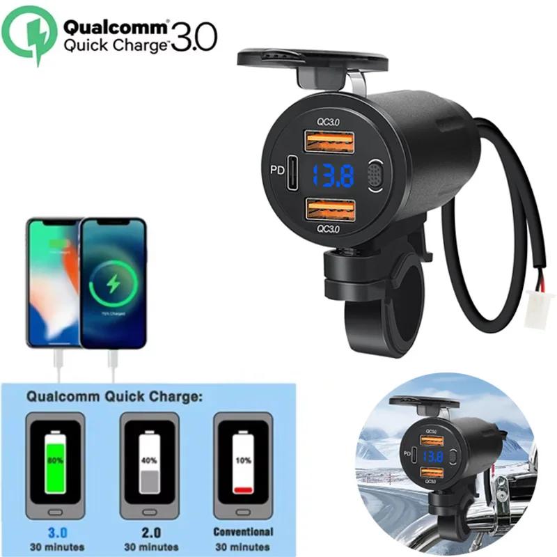 PD QC3.0 Motorcycle USB Fast Charger Waterproof Type C Port Socket Connector With Voltmeter Digital Charge 12V Power Adapter