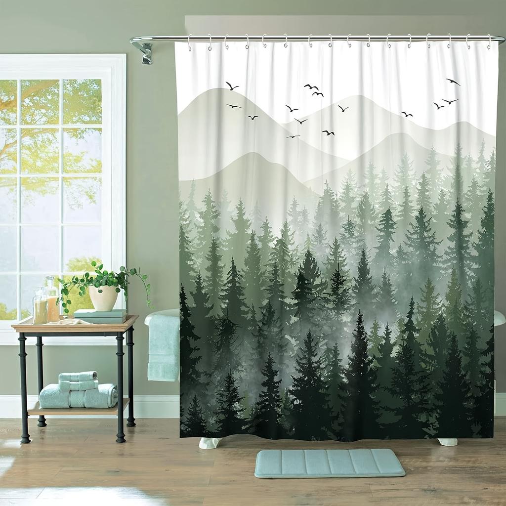 1 Stück Grüner Nebelwald Duschvorhang - Wasserdicht, Modern Minimalistisches Badezimmerdekor, Badewannenabtrennung, Badezimmerzubehör