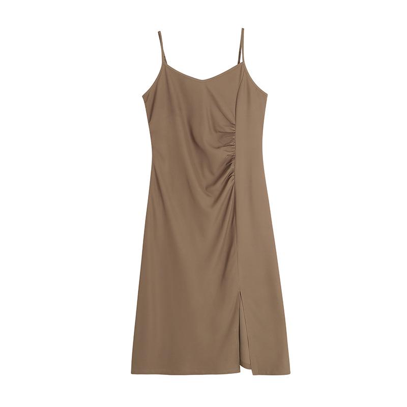 2024 Plus Size Women's Pleated Slit Midi Slip Dress