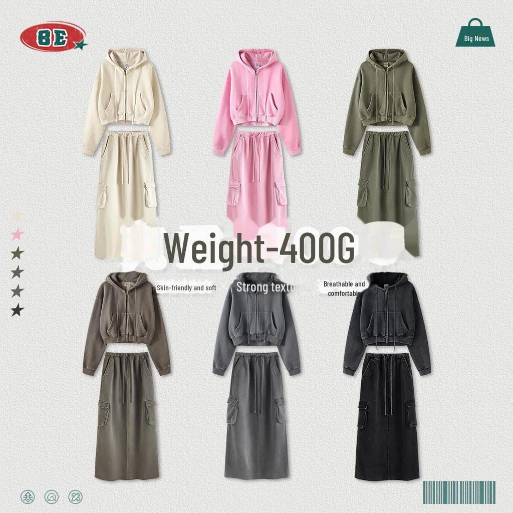BE Women's 2024 Autumn/Winter Fashion: Hot Girl Washed Cardigan Suit & Short Sports Sweater Dress.