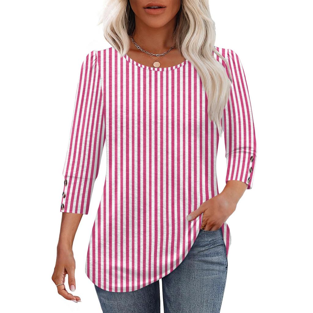 Women Casual Loose Fit Round Neck Three Quarter Sleeve Striped Blouse Button Detail Lightweight Top for Everyday Wear